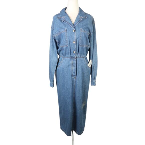 Vintage 90s Lands' End Blue Denim Jean Midi Length Shirt Dress 8 - Picture 1 of 5